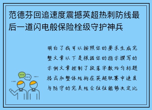 范德芬回追速度震撼英超热刺防线最后一道闪电般保险栓级守护神兵